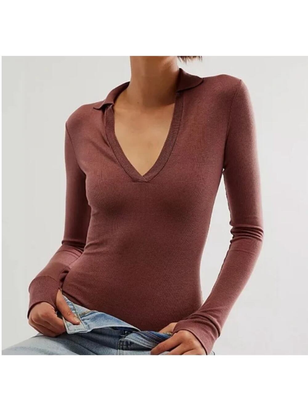 Free People NWT Do It Right Ribbed Collared Bodysuit in Hickory Brown // XS